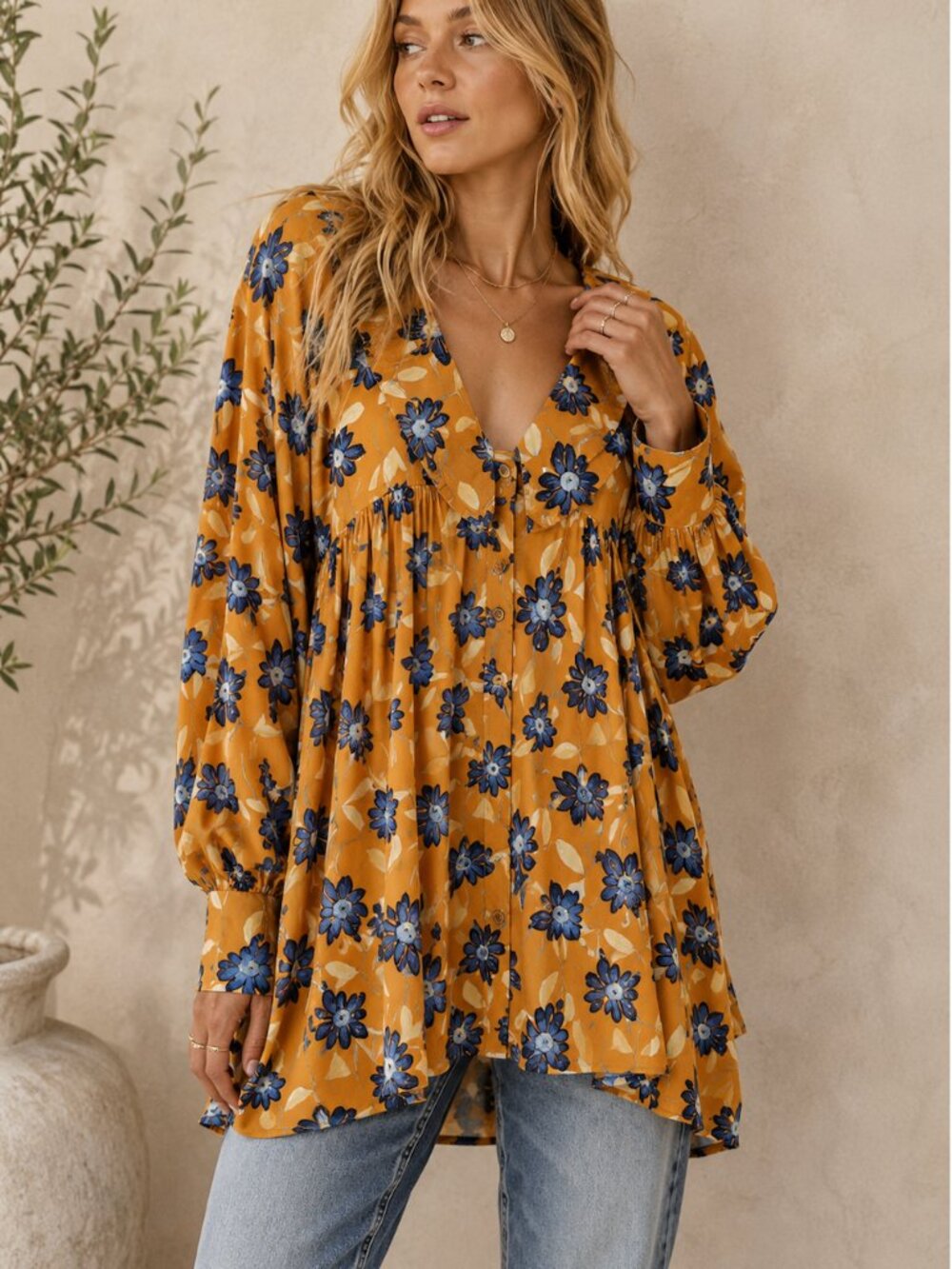 Free People Charlie Floral Tunic Top Mustard Boho Babydoll Button Front Mini